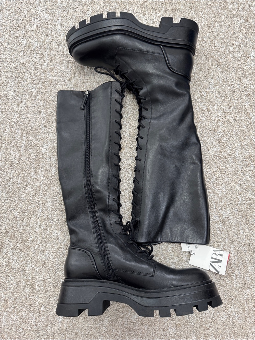 ZARA Black Lace-Up Over-the-Knee Platform Boots